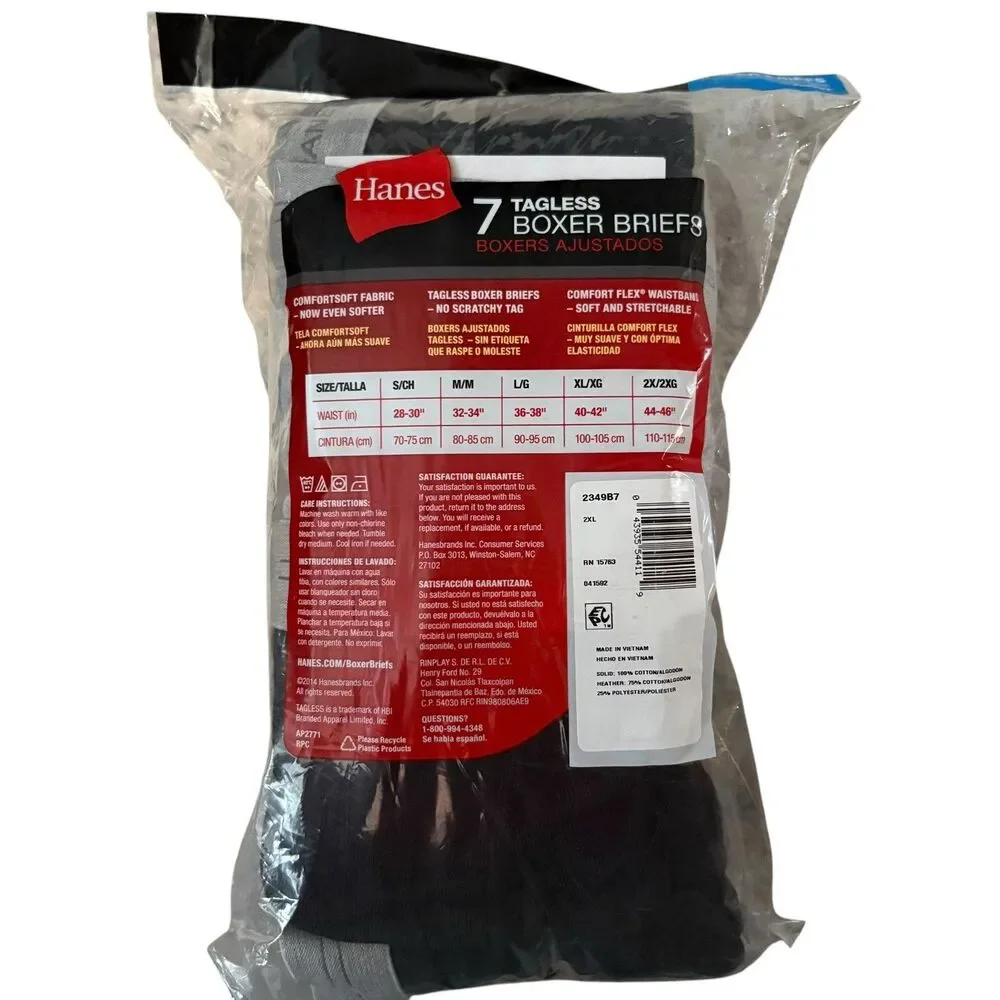 Hanes Mens Boxer Briefs 2XL ~ 7 PR Comfort Soft Tagless Black & Grey Cotton